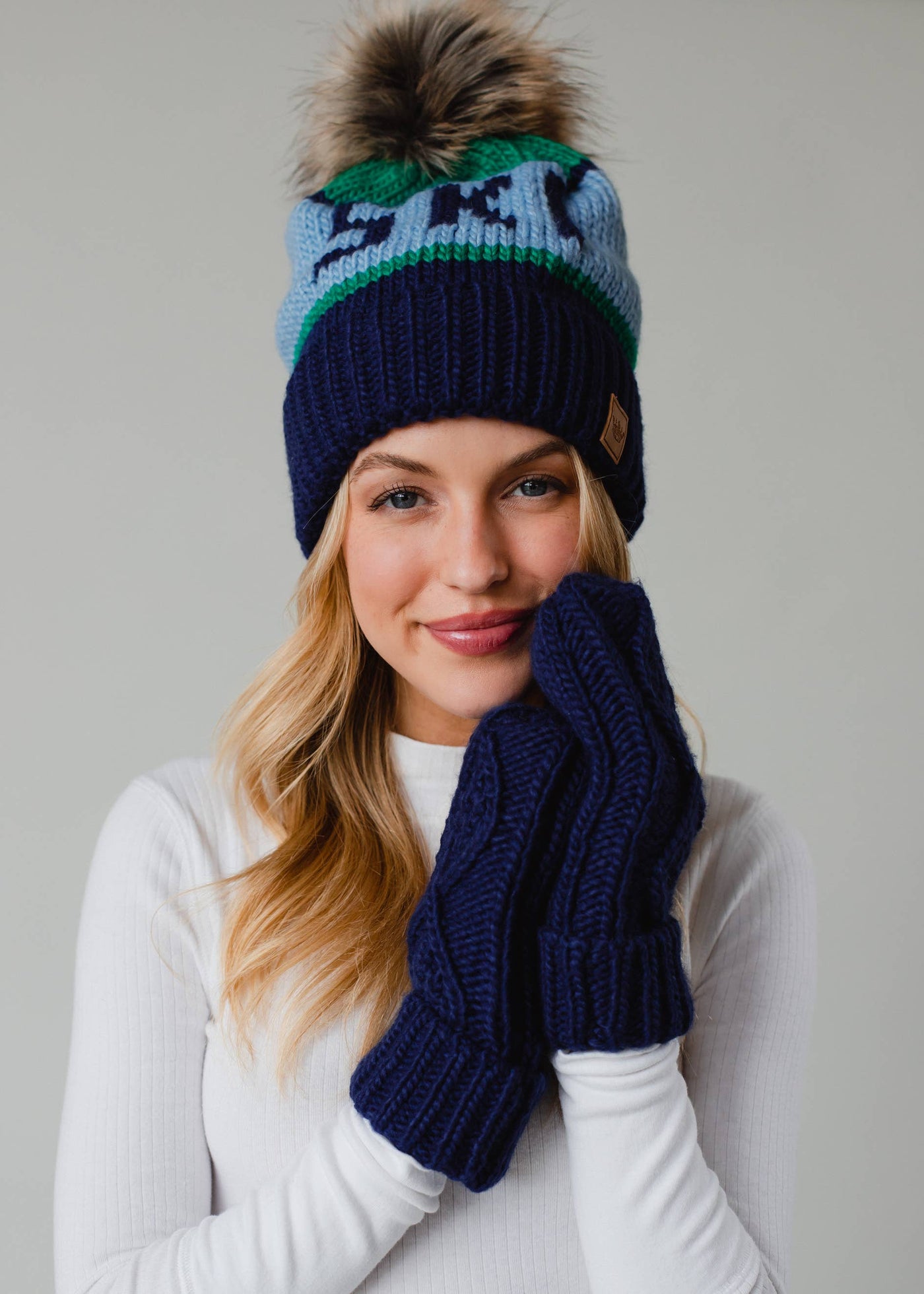 Green, Lt. Blue & Navy Ski Pom Hat