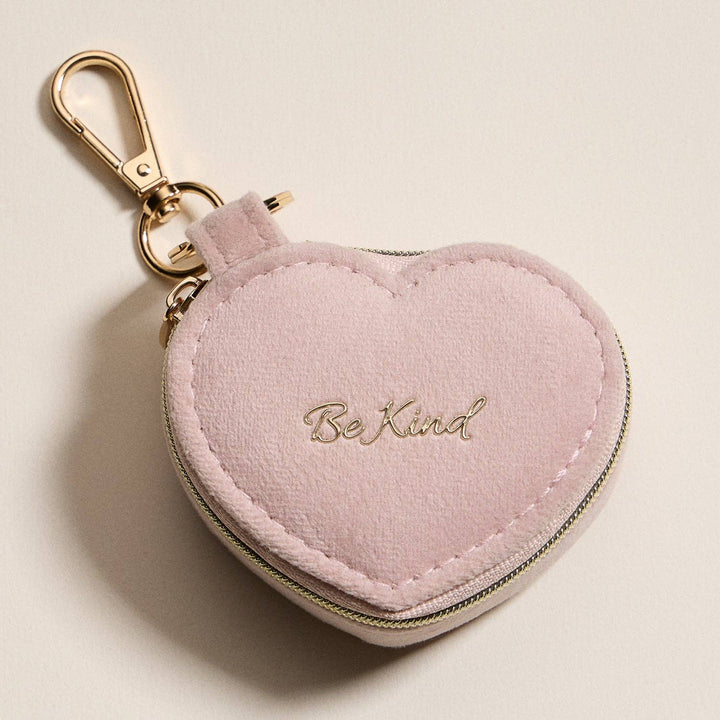 Heart-Shaped Jewelry Travel Case with Keychain – Pink Velvet “Be Kind”
