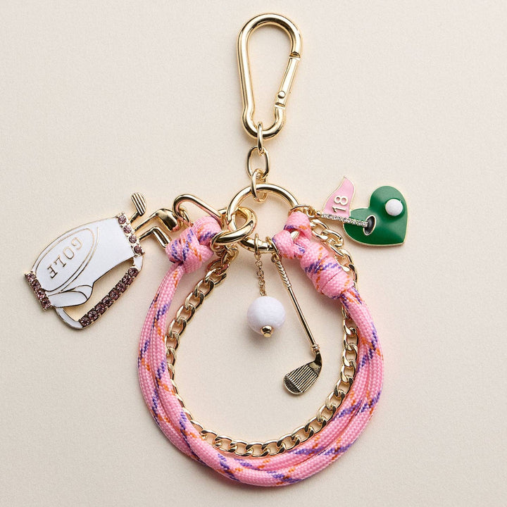 Pink Golf Charm Keychain Bracelet – Beaded Wristlet with Golf Bag & Flag Charms