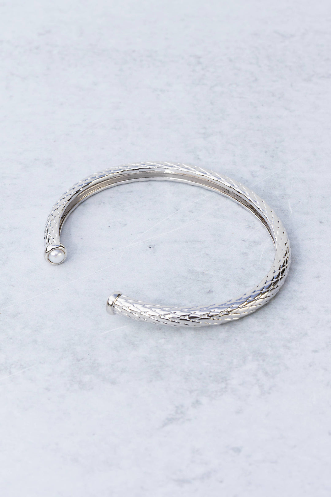 Bracelet-Sterling Silver + Pearl Bali Open Slim Gemstone Bangle