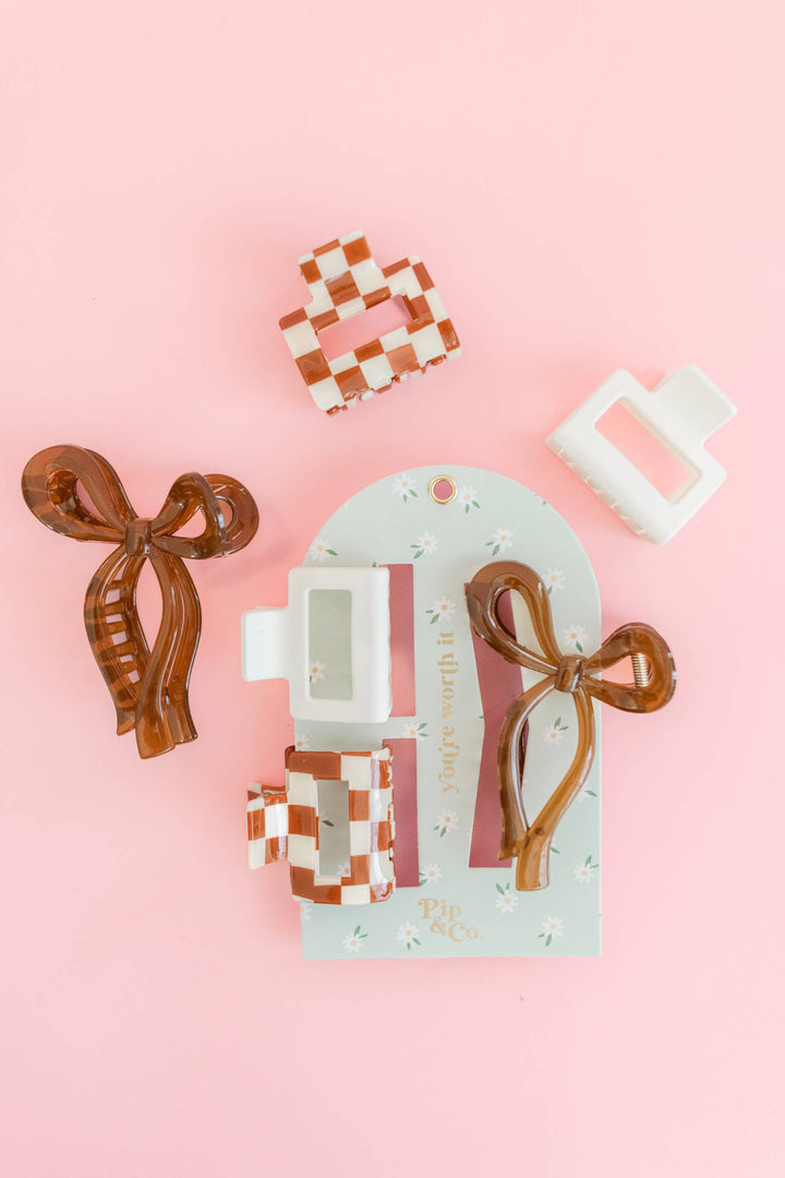 Everyday Chic - Claw Clip Set of 3 – Checker, Cream & Bow