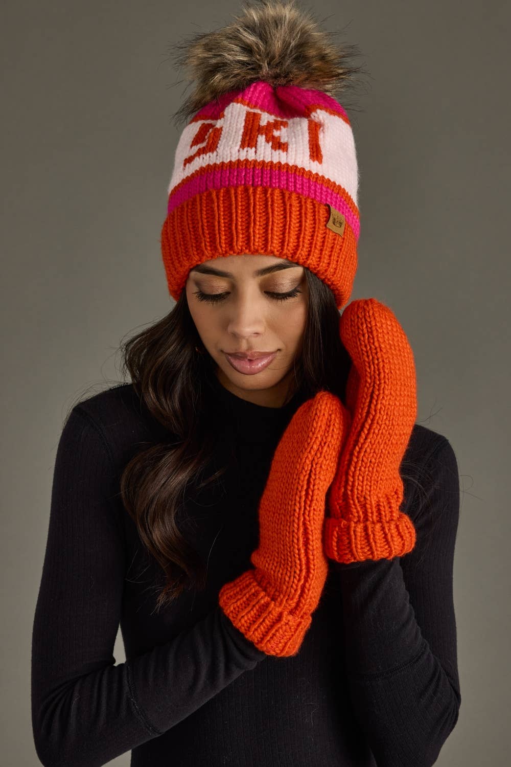 Pom Hat-Orange, Blush & Pink Ski