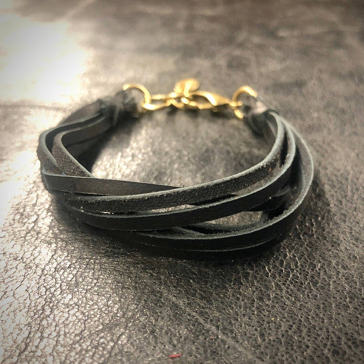 Leather 7-Strand Bracelet-Black & Brass, Boho Western