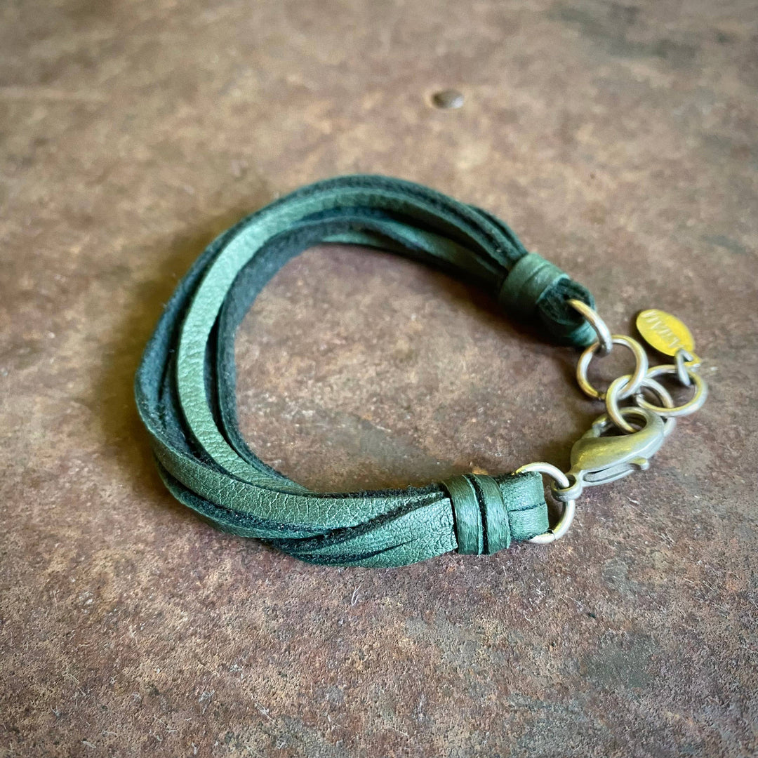 Leather 7-Strand Bracelet-Hunter Green & Silver, Western