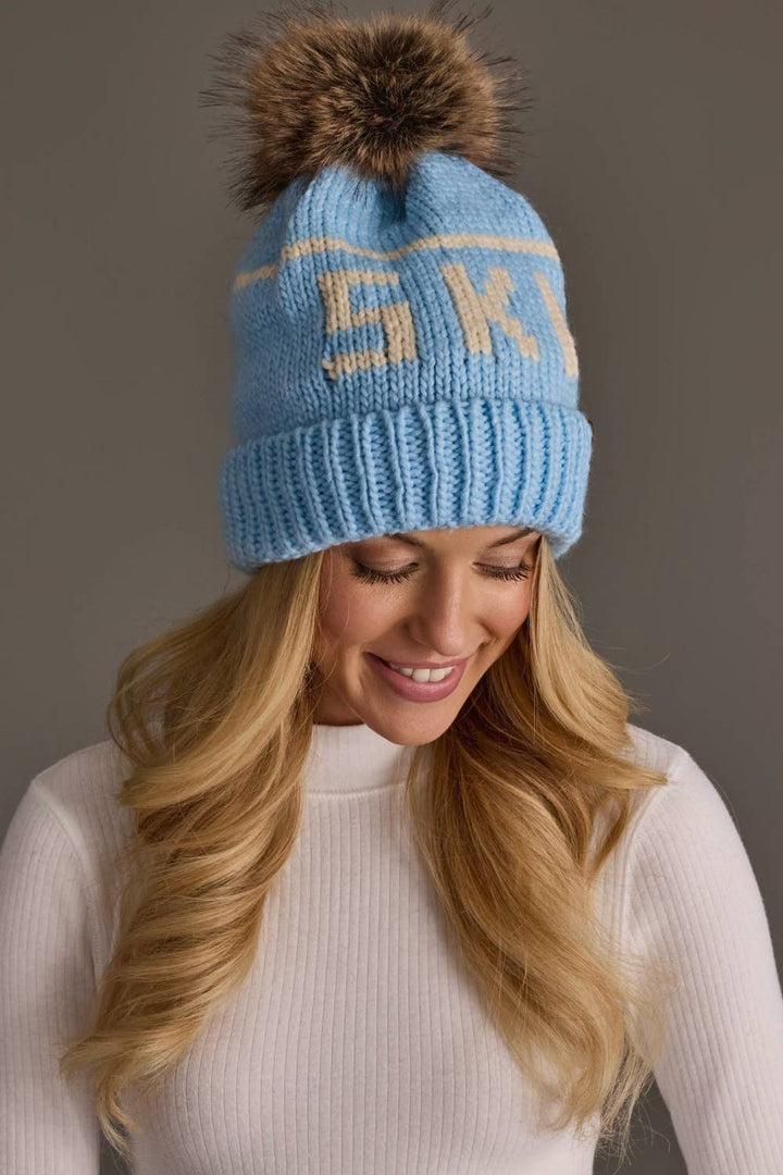 Pom Hat-Lt. Blue & Beige Ski