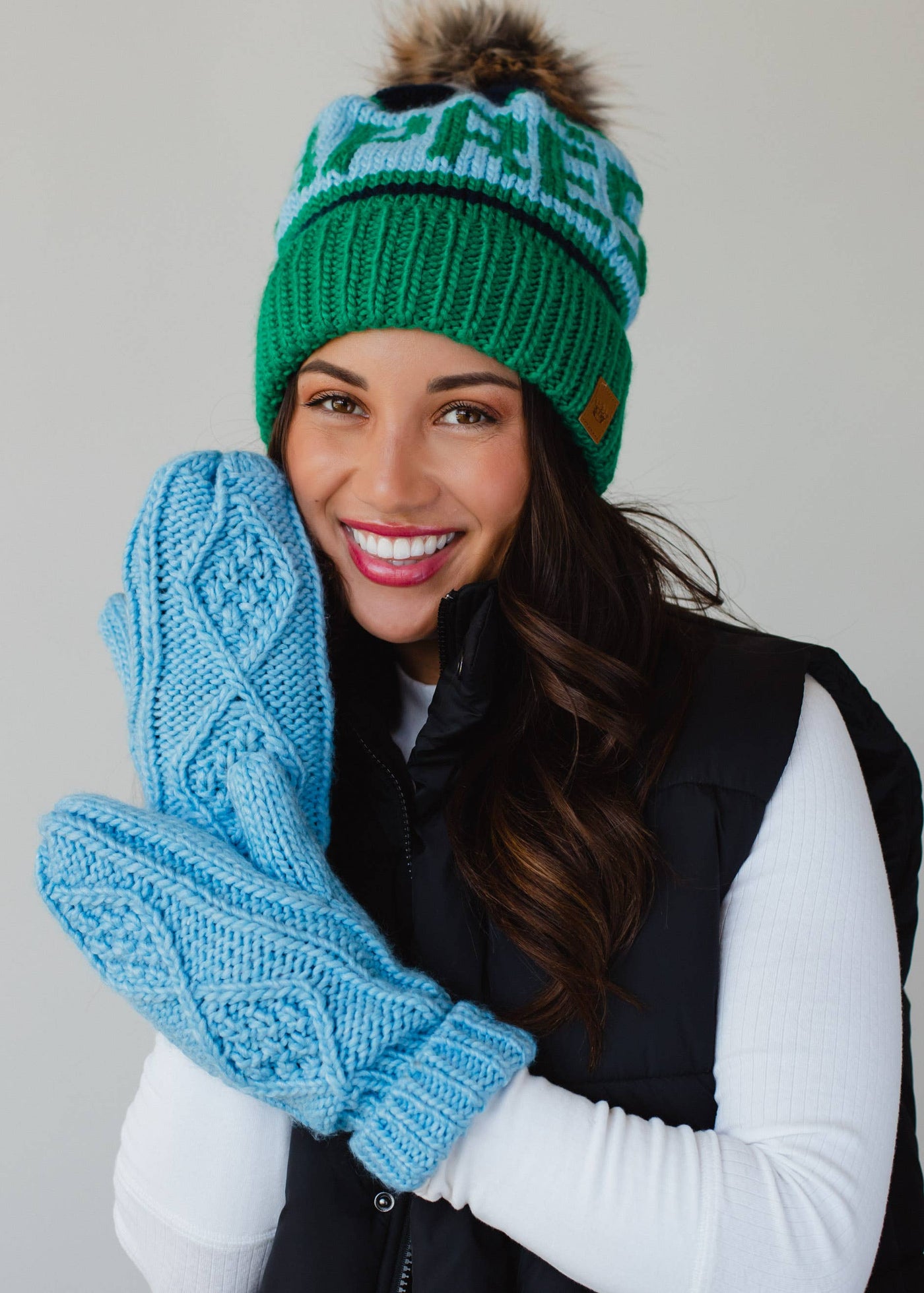 Green, Lt. Blue & Navy Apres Pom Hat