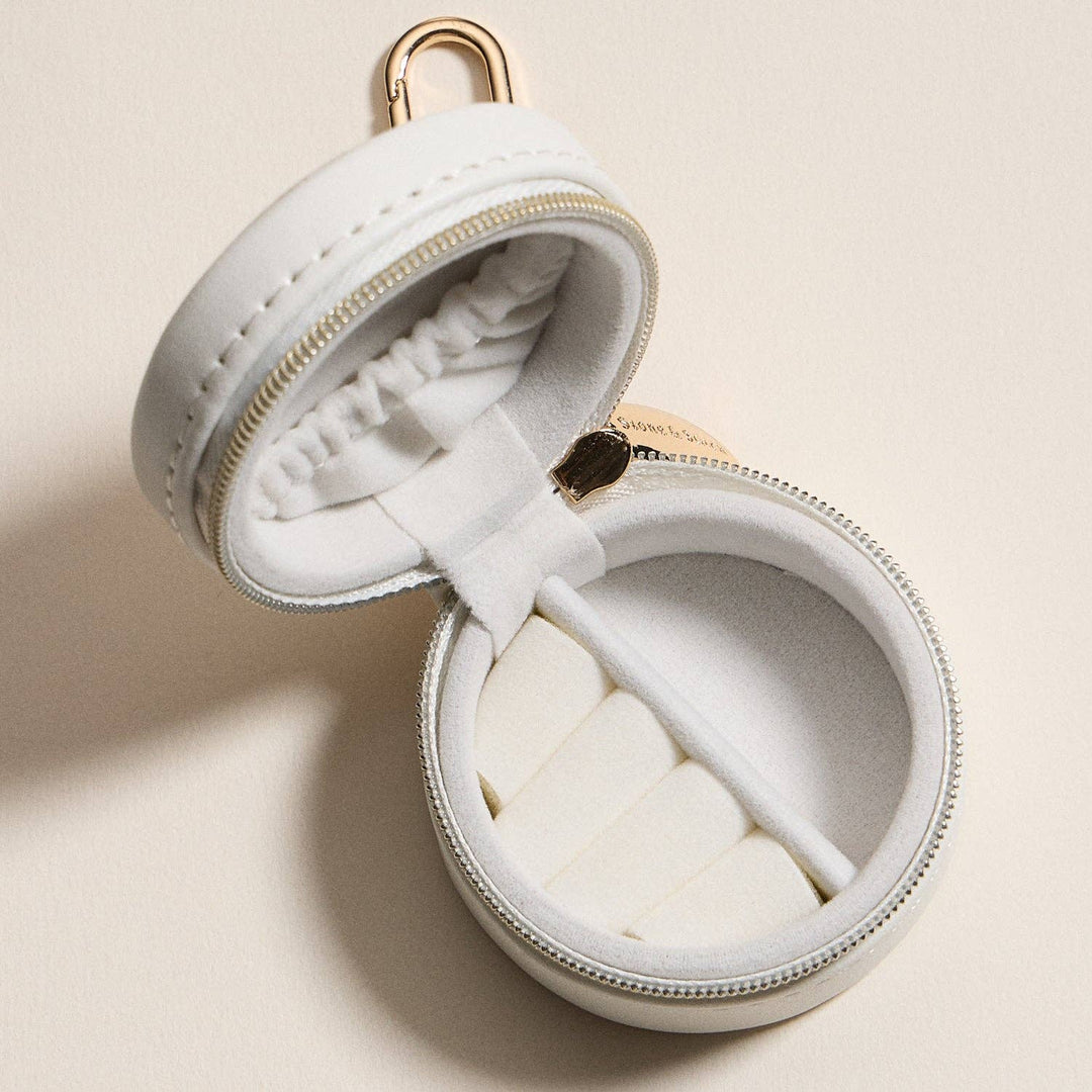 Mini Round Jewelry Travel Case with Keychain – White & Pink Floral Print