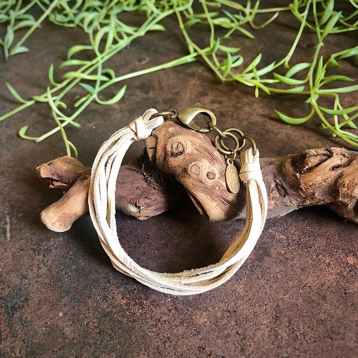 Leather 7-Strand Bracelet-Cream & Brass, Boho Western