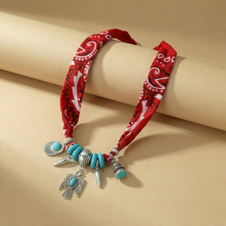 Necklace-Red scarf with native inspired silver charms