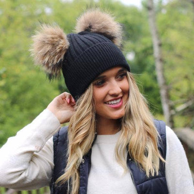 Double Fur Pom, Angora Knit Beanie