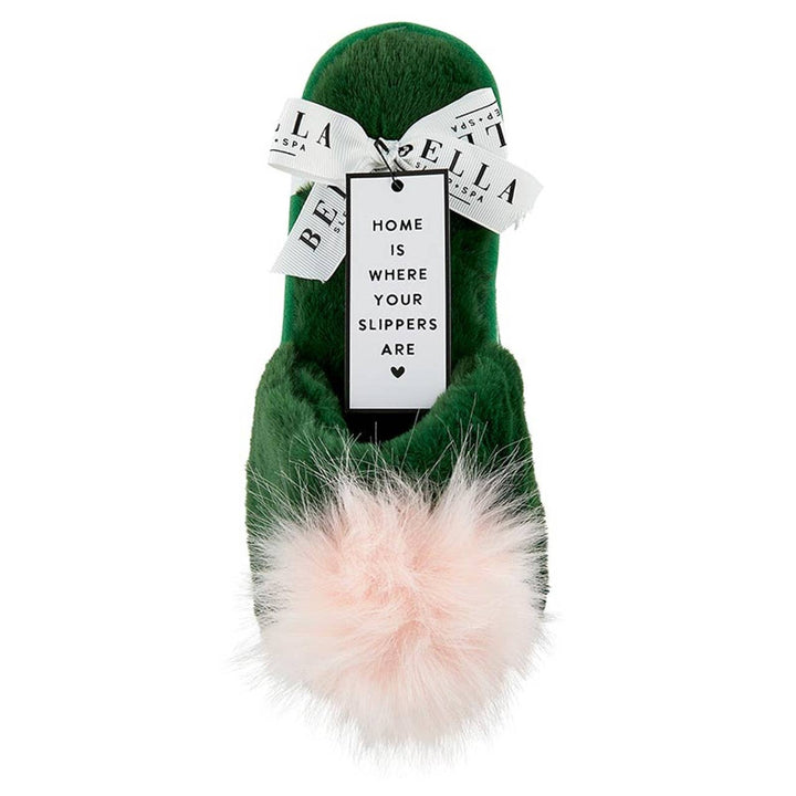 NEW Plush Slippers - Green + Blush Pom Pom