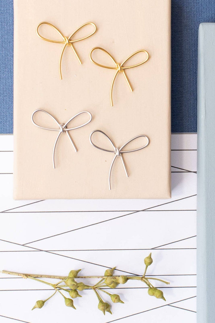 Bow Ribbon Large Post Earrings Shape Gold Silver