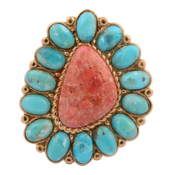 Ring-Blue Turquoise Starburst Orange Coral Golden Statement