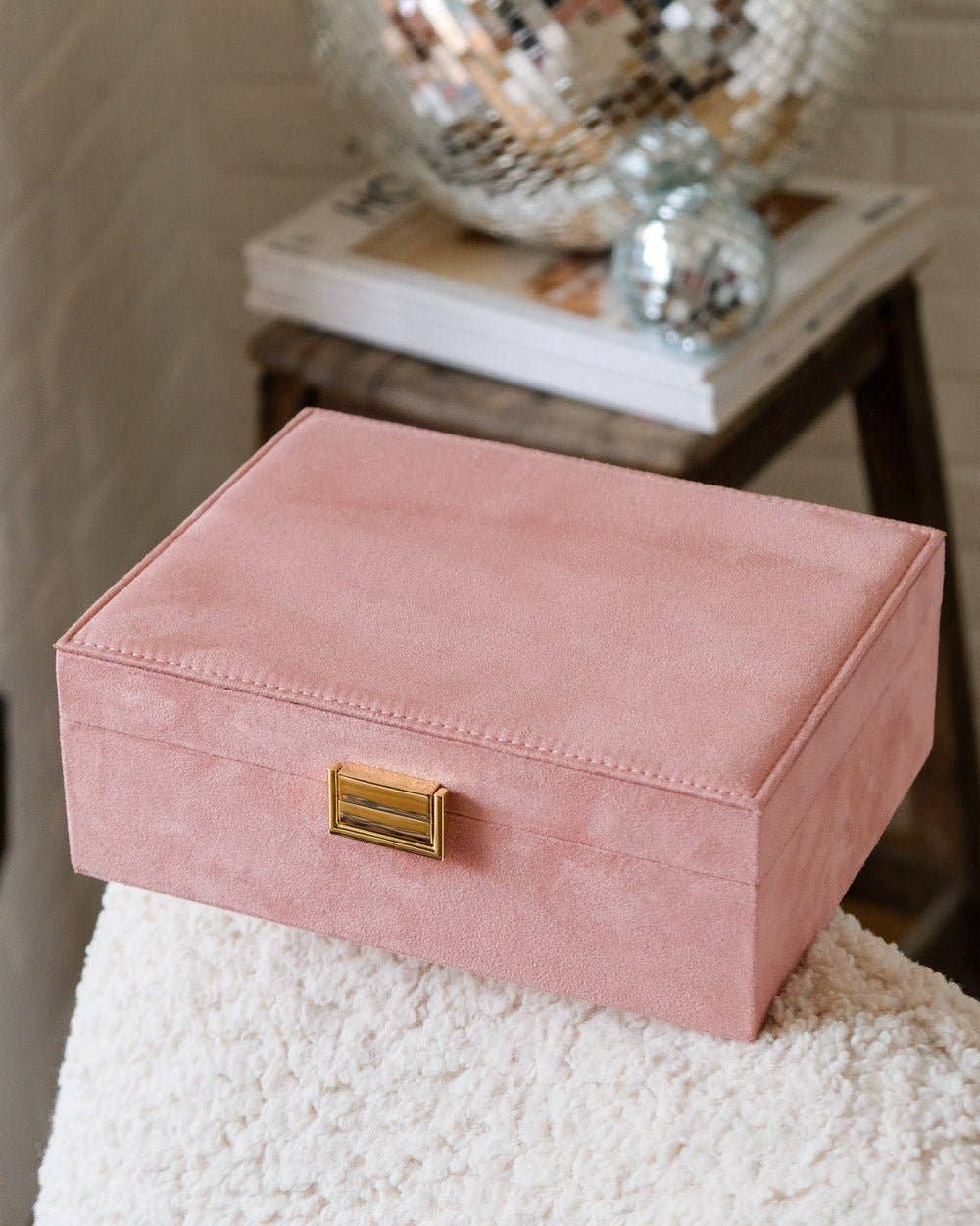 Luxury Wood Jewelry Box With Silk Velvet Overlay & store gold tone finishes (pink)