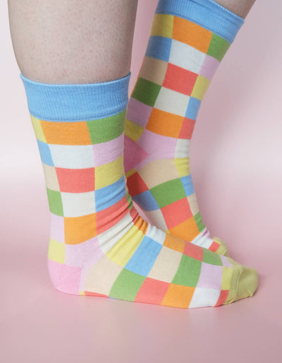 100% Cotton Women's Crew Socks-Rainbow Check