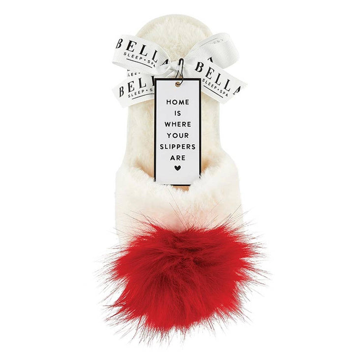 NEW Plush Slippers - Ivory + Red Pom Pom