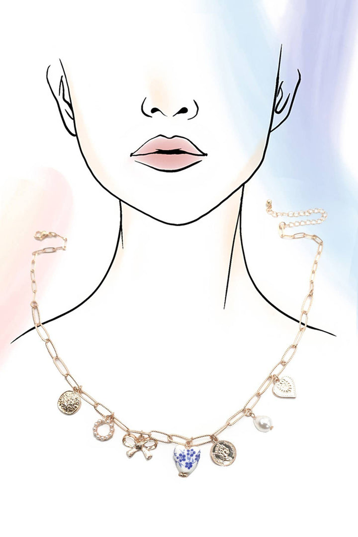 Necklace-Ceramic Porcelain Bow Heart Charm Link