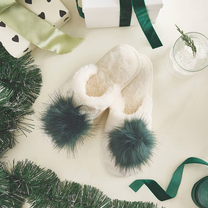 NEW Plush Slippers - Ivory + Forest Green Pom Pom