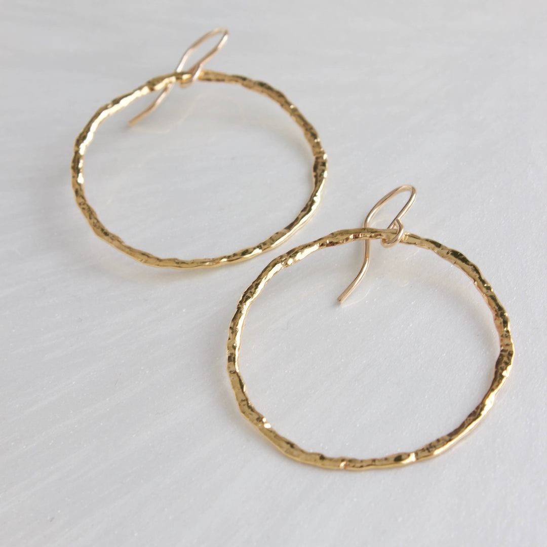 E114G Gold Earrings-Organic Hammered Hoops