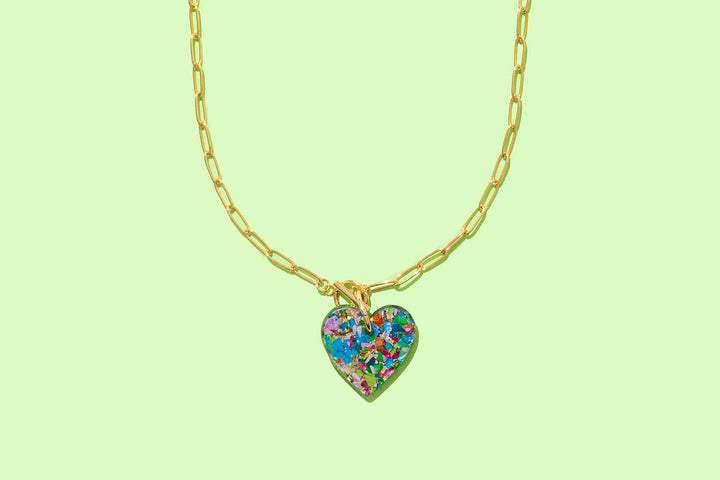 Paperclip Chain Necklace - Heart Pendant -Colorful Confetti