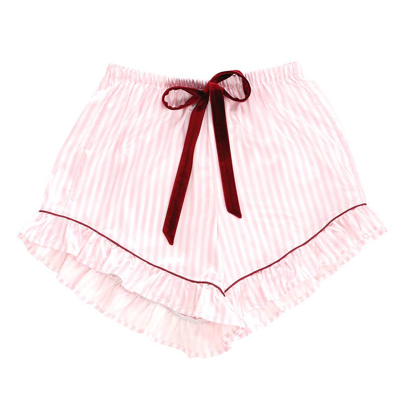 Ruffled Short PJ Set with Velvet Ties - Pink + White Stripes