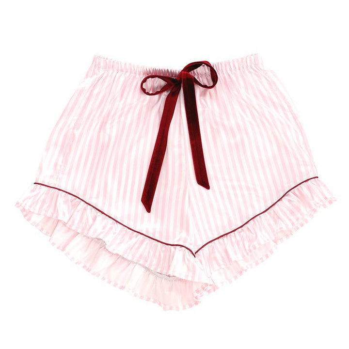 Ruffled Short PJ Set with Velvet Ties - Pink + White Stripes