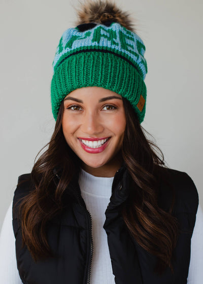 Green, Lt. Blue & Navy Apres Pom Hat