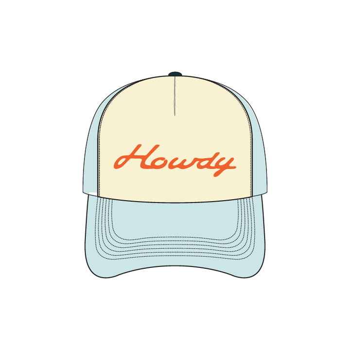 Trucker Hat-Howdy Embroidered Trucker - Pale Blue/Orange