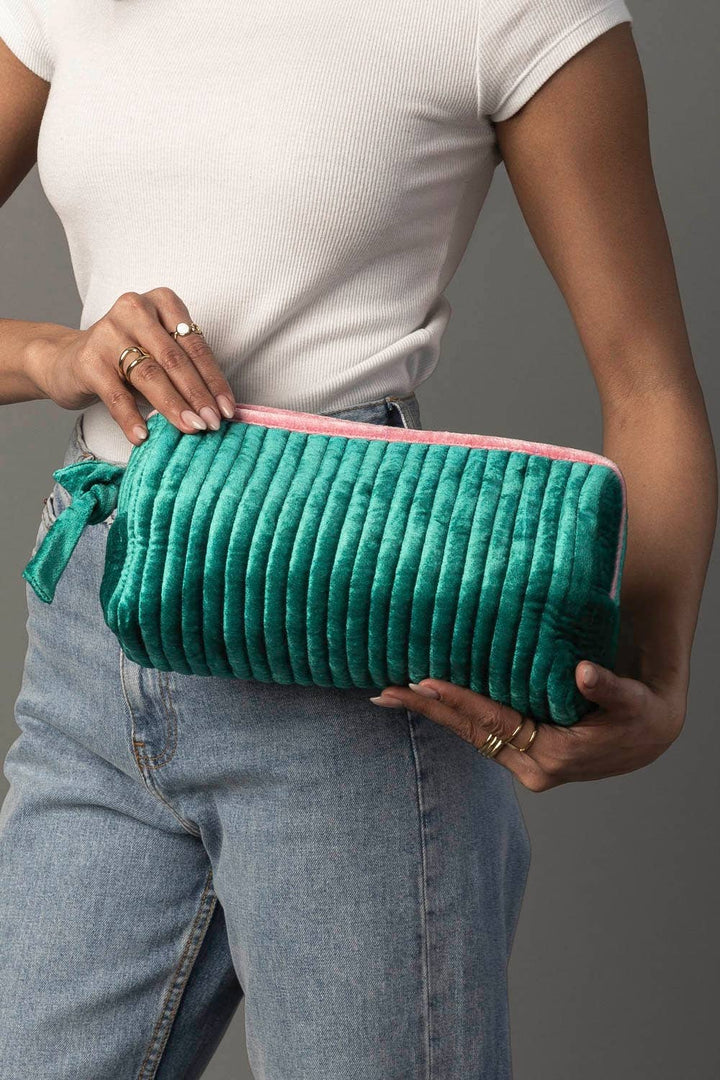 Velvet Ribbed Travel Pouch-Green & Pink