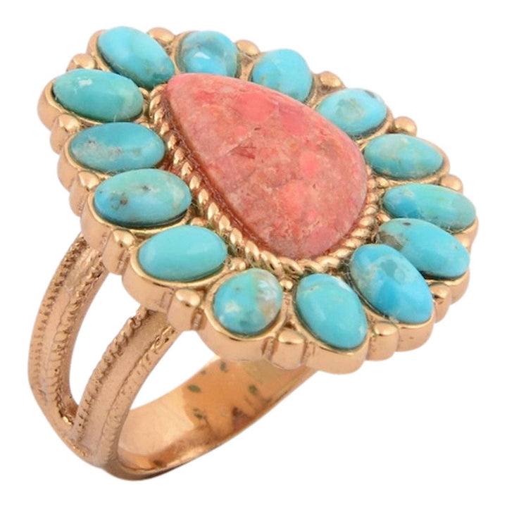 Ring-Blue Turquoise Starburst Orange Coral Golden Statement