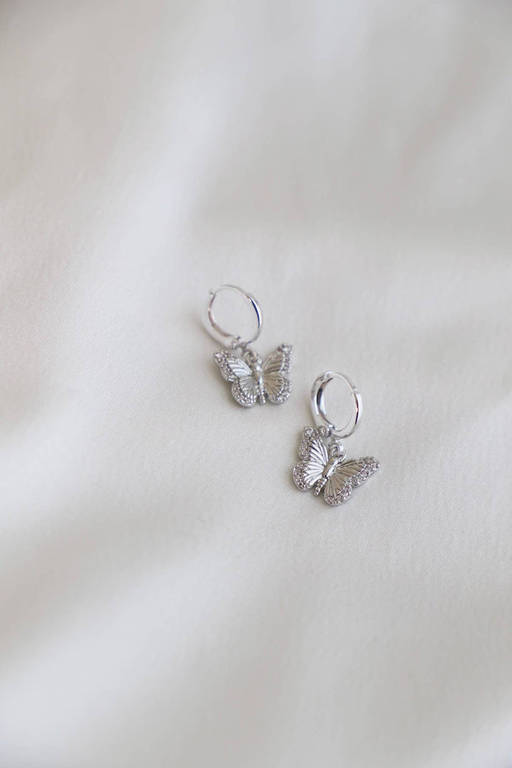 E1428S Silver Earrings-Butterfly Huggie Hoops