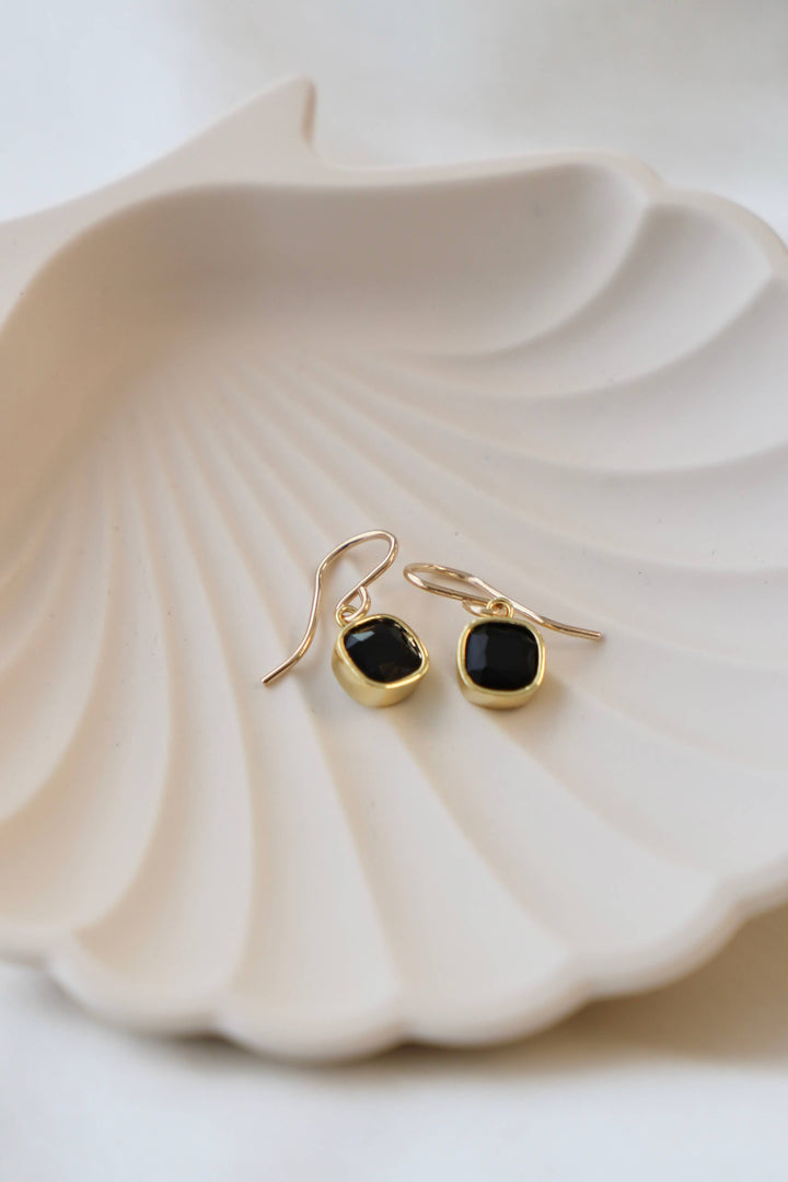 E1669GBK Gold Earrings-Black Square Bezel