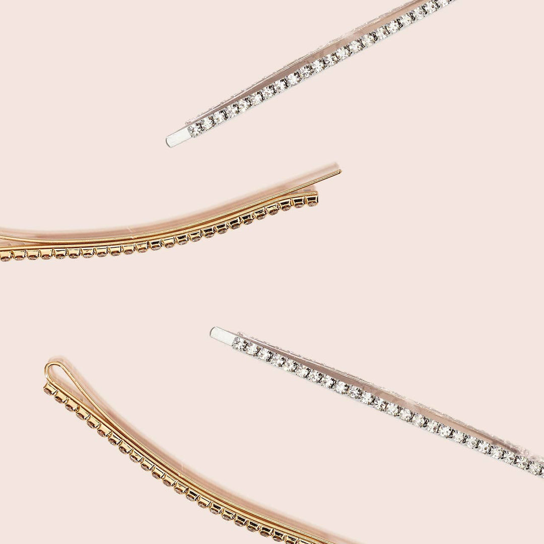 Bobby Pins 4pc Set-Metal Rhinestone Extra Long-Gold/Silver