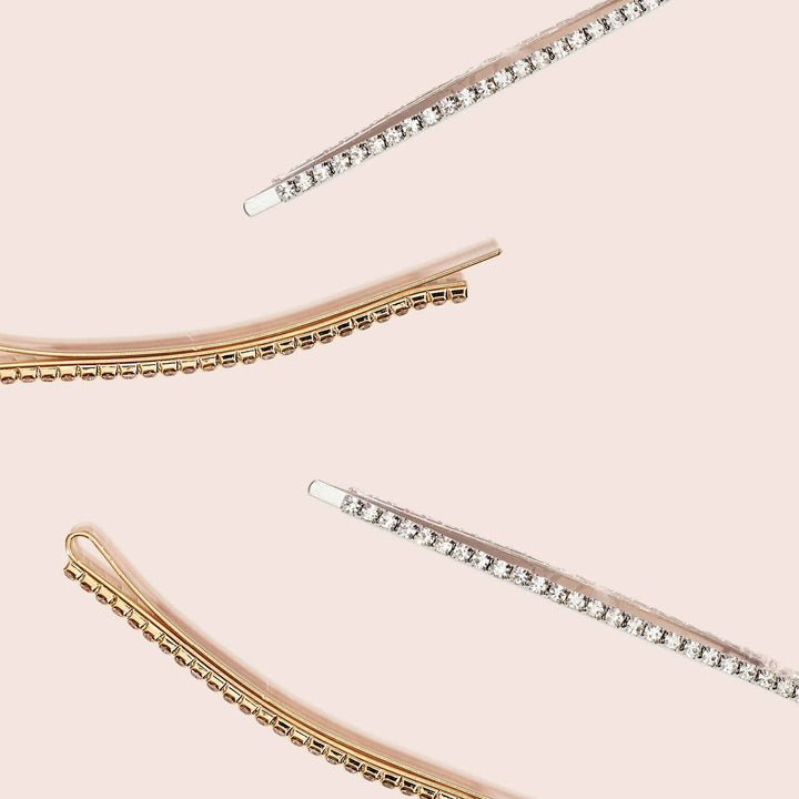 Bobby Pins 4pc Set-Metal Rhinestone Extra Long-Gold/Silver