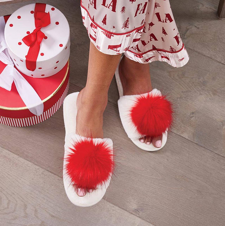 NEW Plush Slippers - Ivory + Red Pom Pom