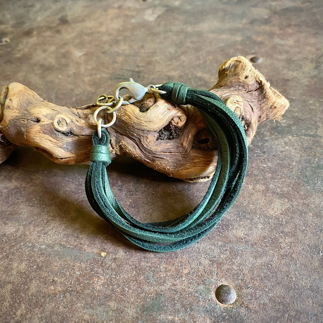 Leather 7-Strand Bracelet-Hunter Green & Silver, Western