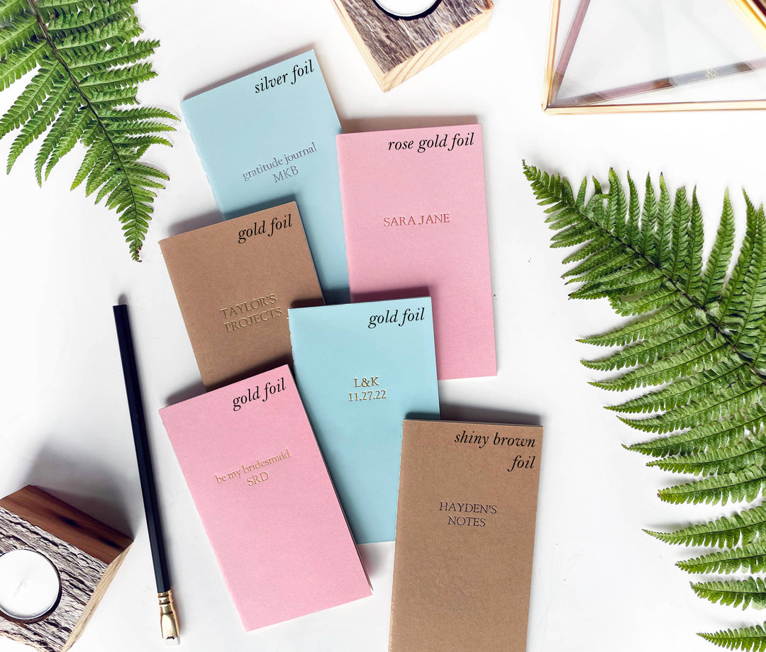 Custom Text Foil Embossed Mini Notebook: Burgundy / Gold shimmer