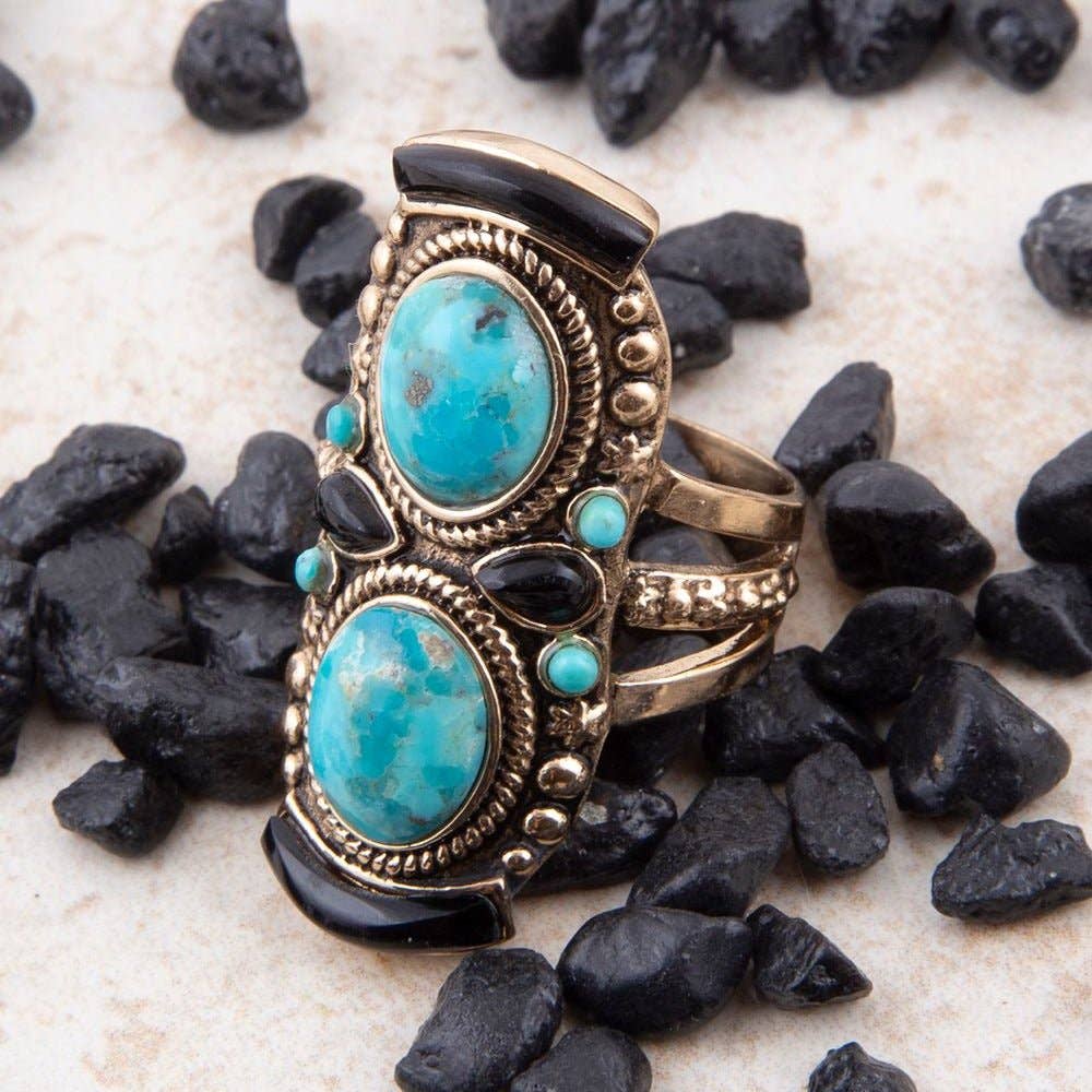 Ring-Double Up Turquoise and Onyx