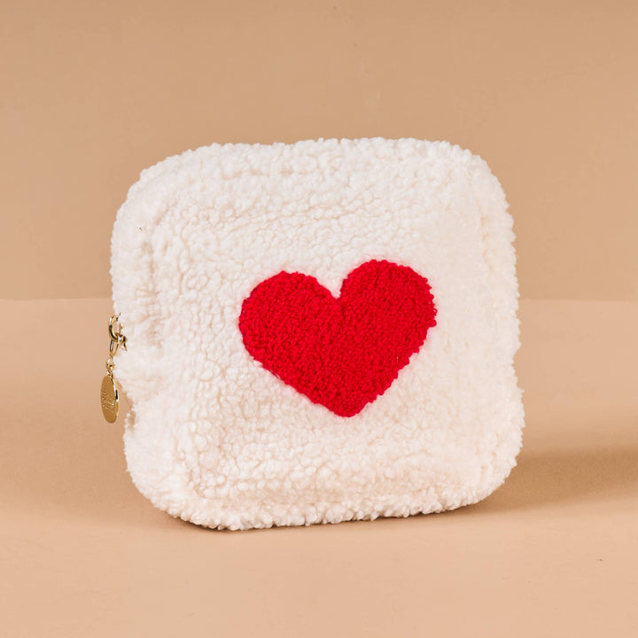 Square Teddy Pouch-Cream with Red Heart