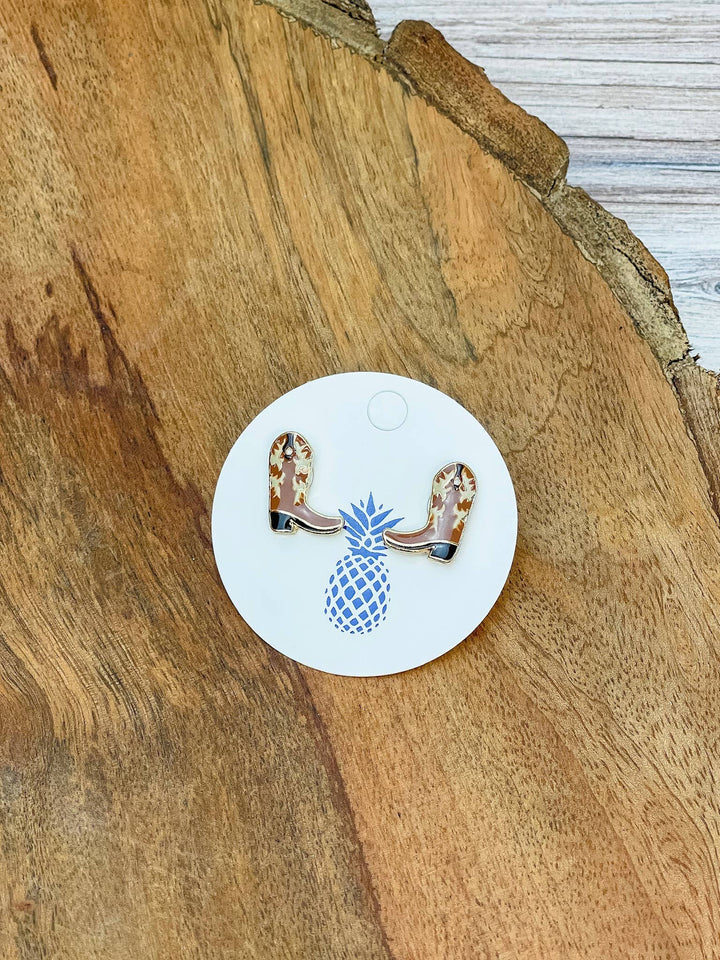Enamel Stud Earrings-Western Brown Boot