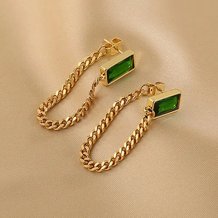 Retro Emerald Green Gold Dangle Earrings