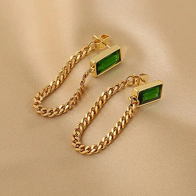 Retro Emerald Green Gold Dangle Earrings