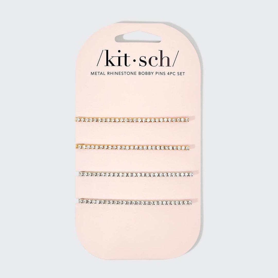 Bobby Pins 4pc Set-Metal Rhinestone Extra Long-Gold/Silver