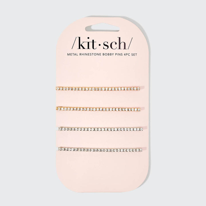 Bobby Pins 4pc Set-Metal Rhinestone Extra Long-Gold/Silver